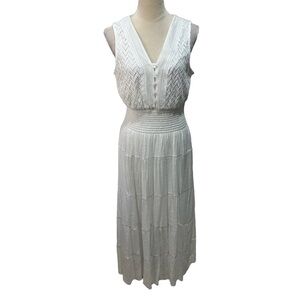J Gee White Sleeveless V-Neck Tiered Smocked Boho Romantic Maxi Dress Size L